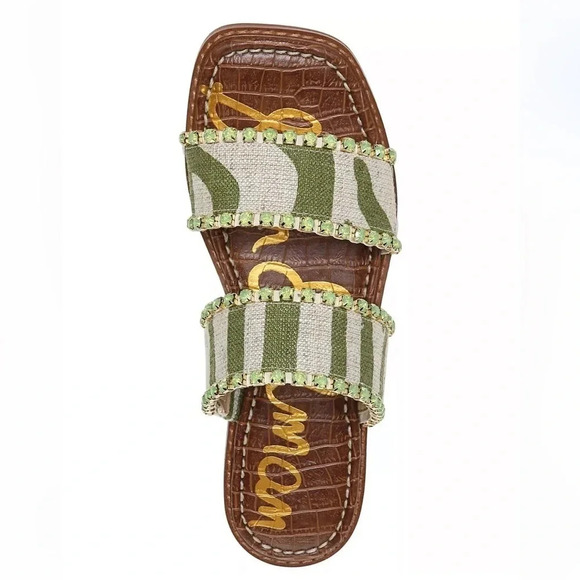 Sam Edelman HOPIE Zebra Green Linen Square Toe Slide Sandals Rhinestones Size 11 - Picture 3 of 16